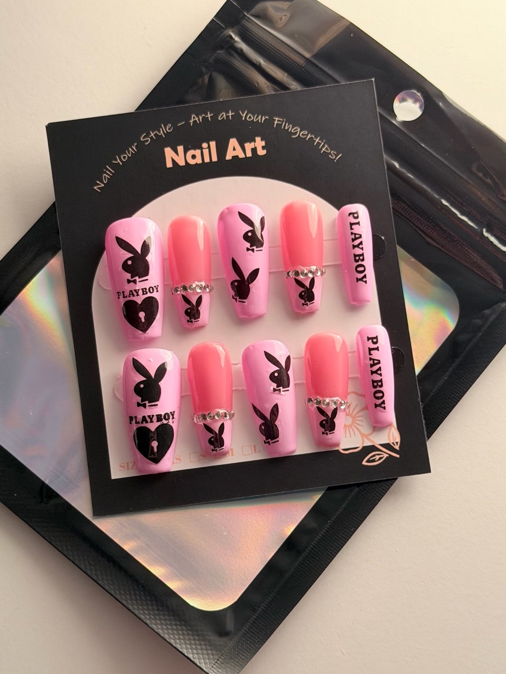 PLAYBOY Pink & Black Logo Press-On Nail Set